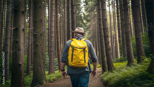 Obraz na płótnie Man with yellow backpack hiking trough forest, adventure and lifestyle concept, nature background w salonie