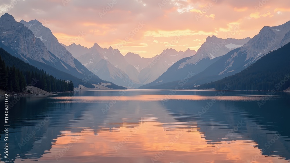 Fototapeta premium A stunning panorama captures majestic mountain peaks reflected in a serene lake under a mesmerizing pink-orange sky dotted with fluffy cumulus clouds.