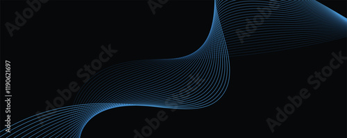 Vector abstract light lines wavy flowing dynamic in blue colors isolated on black background.	