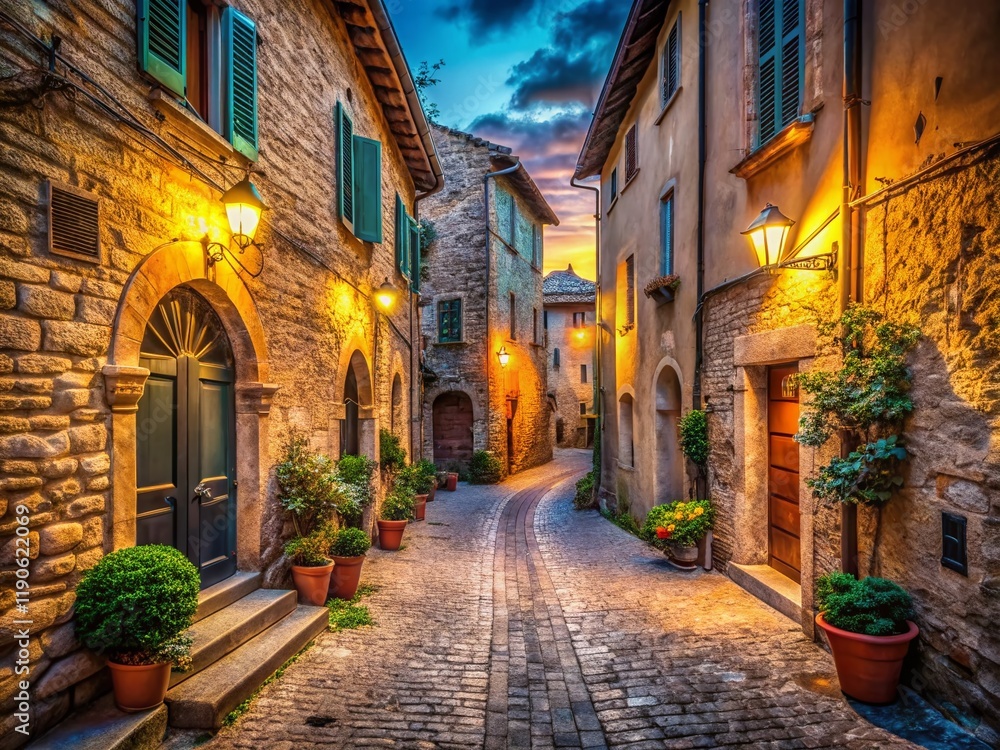 Fototapeta premium Long Exposure: Ancient Village Street, Marche Region, Italy. Charming Italian alleyway at twilight, magical atmosphere.