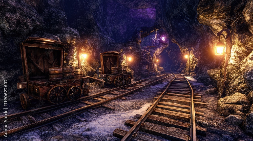 Naklejka premium Inside view of an underground mine with rail carts and lighting.