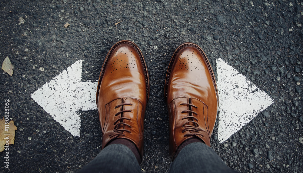Businessman standing on road with three direction arrow choices, Correct pathway between left, right and front, Decision concept Businessman standing on road with three direction arrow choices, Correct pathway between left, right and front, Decision concept