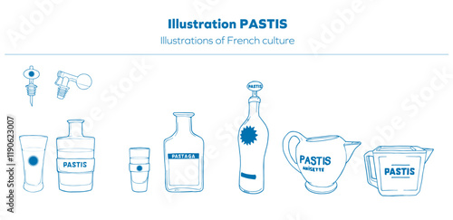 Illustrations de pastis et accessoires liés à la culture méridionale et aux apéritifs traditionnels français
