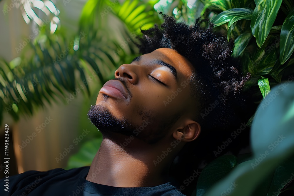 Serene Black Man Relaxing in Lush Greenery Serene Black Man Relaxing in Lush Greenery
