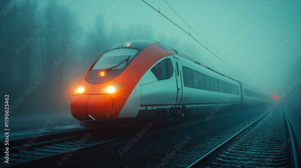Obraz premium High-speed Bullet Train Travels Through Foggy Landscape on Railway Tracks at Dusk in an Industrial Setting