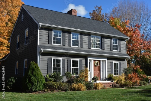 Contractors replace old siding with new vinyl and fiber cement materials on a residential home during a sunny day in autumn