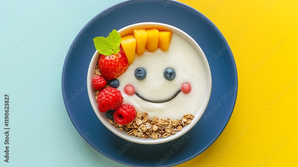 Yogurt bowl happy face with granola, mixed fruits and berries toppings, healthy kids fun meal, breakfast Yogurt bowl happy face with granola, mixed fruits and berries toppings, healthy kids fun meal, breakfast