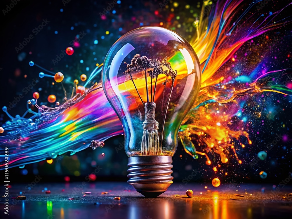 Long Exposure Photo of Vibrant Paint Splashes on a Glowing Light Bulb - Creative Ideas Concept Long Exposure Photo of Vibrant Paint Splashes on a Glowing Light Bulb - Creative Ideas Concept