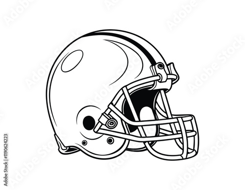 black and white illustration of an american football helmet with detailed lines and shading, showcasing the essential protective gear used by players in the sport