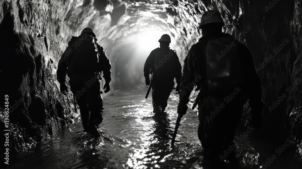 Obraz premium Miners walking through a long underground tunnel with tools.