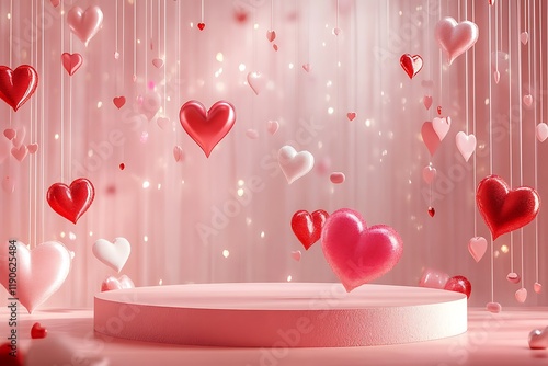 Romantic Pink Heartscape: Suspended Hearts and a Gentle Stage photo