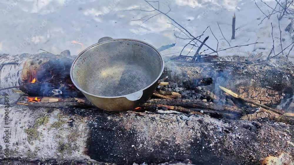 Cooking meat in a cauldron on a fire in winter. Frying meat close-up. Cooking outdoors in the winter wild forest Cooking meat in a cauldron on a fire in winter. Frying meat close-up. Cooking outdoors in the winter wild forest