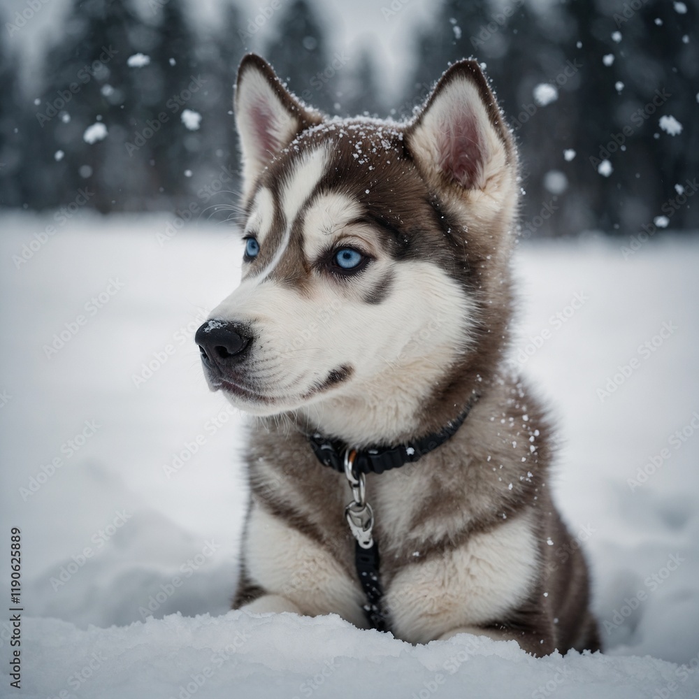 A Siberian husky puppy with one blue eye and one brown eye sitting on white snow. A Siberian husky puppy with one blue eye and one brown eye sitting on white snow.