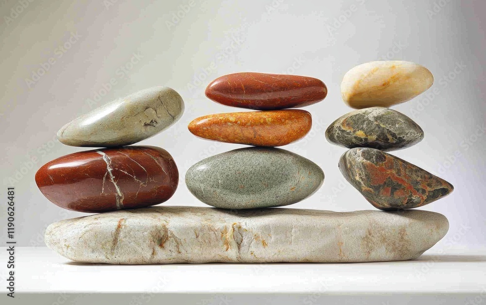 A stack of smooth pebbles arranged artistically on a bright white surface A stack of smooth pebbles arranged artistically on a bright white surface