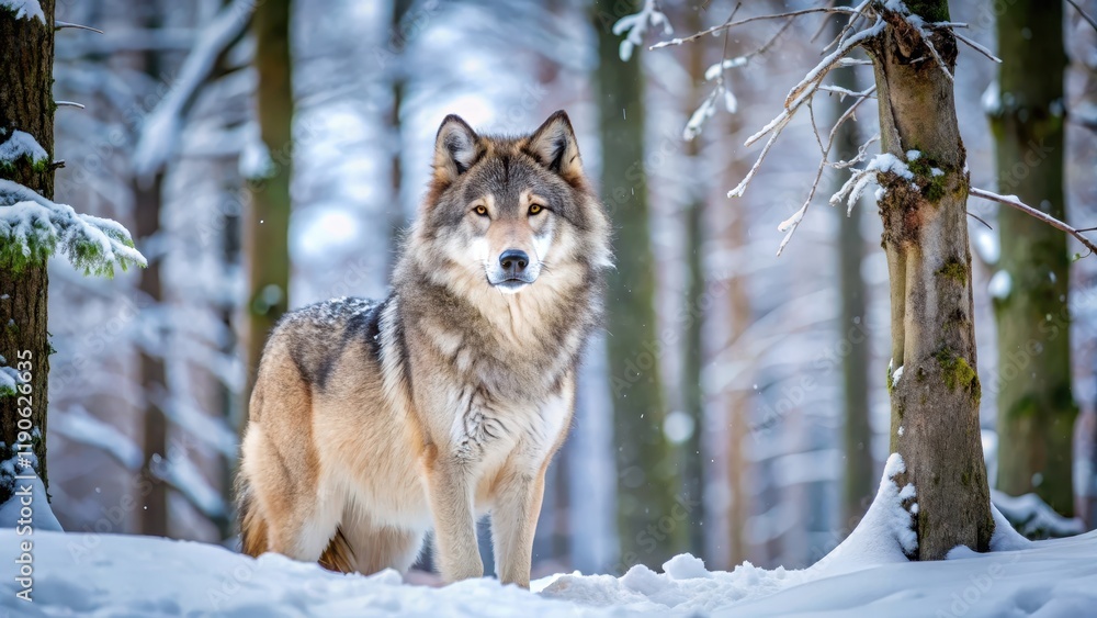 Fototapeta premium A lone timber wolf standing on a snowy forest floor