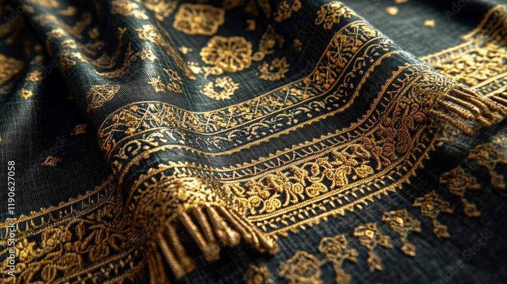 Fototapeta premium A close-up view of an Islamic prayer rug showing intricate geometric patterns and golden embroidery, with soft natural light illuminating the textures of the fabric.