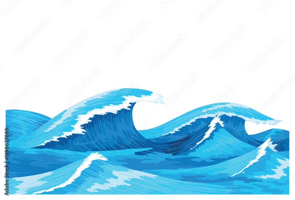 Ocean waves, splash water, marine sea storm element. Blue sea or ocean wave with spray, foam on crest. Vector illustration Ocean waves, splash water, marine sea storm element. Blue sea or ocean wave with spray, foam on crest. Vector illustration