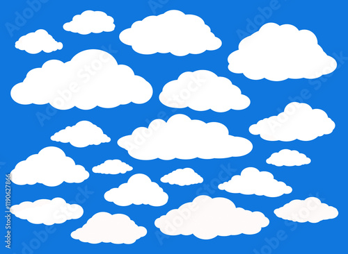 Fluffy white hand-drawn clouds floating over blue sky. Playful pattern of varying cloud shapes and sizes. Themes: weather, nature, atmospheric designs, cartoon, comics.
