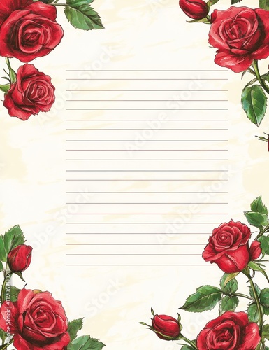 Red roses stationery; lined paper; floral border; vintage background; letter writing