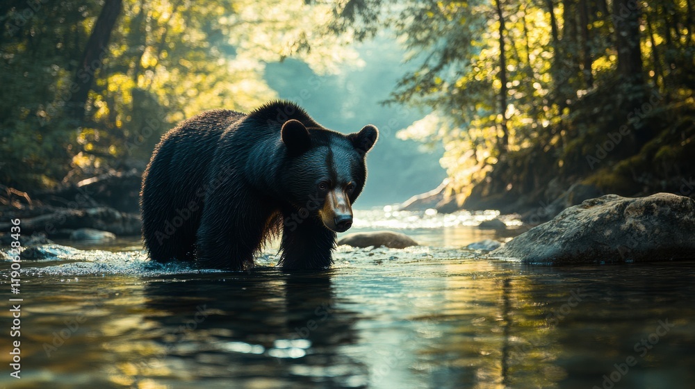A wild Asiatic black bear wading through a crystal-clear stream in a mountainous forest A wild Asiatic black bear wading through a crystal-clear stream in a mountainous forest