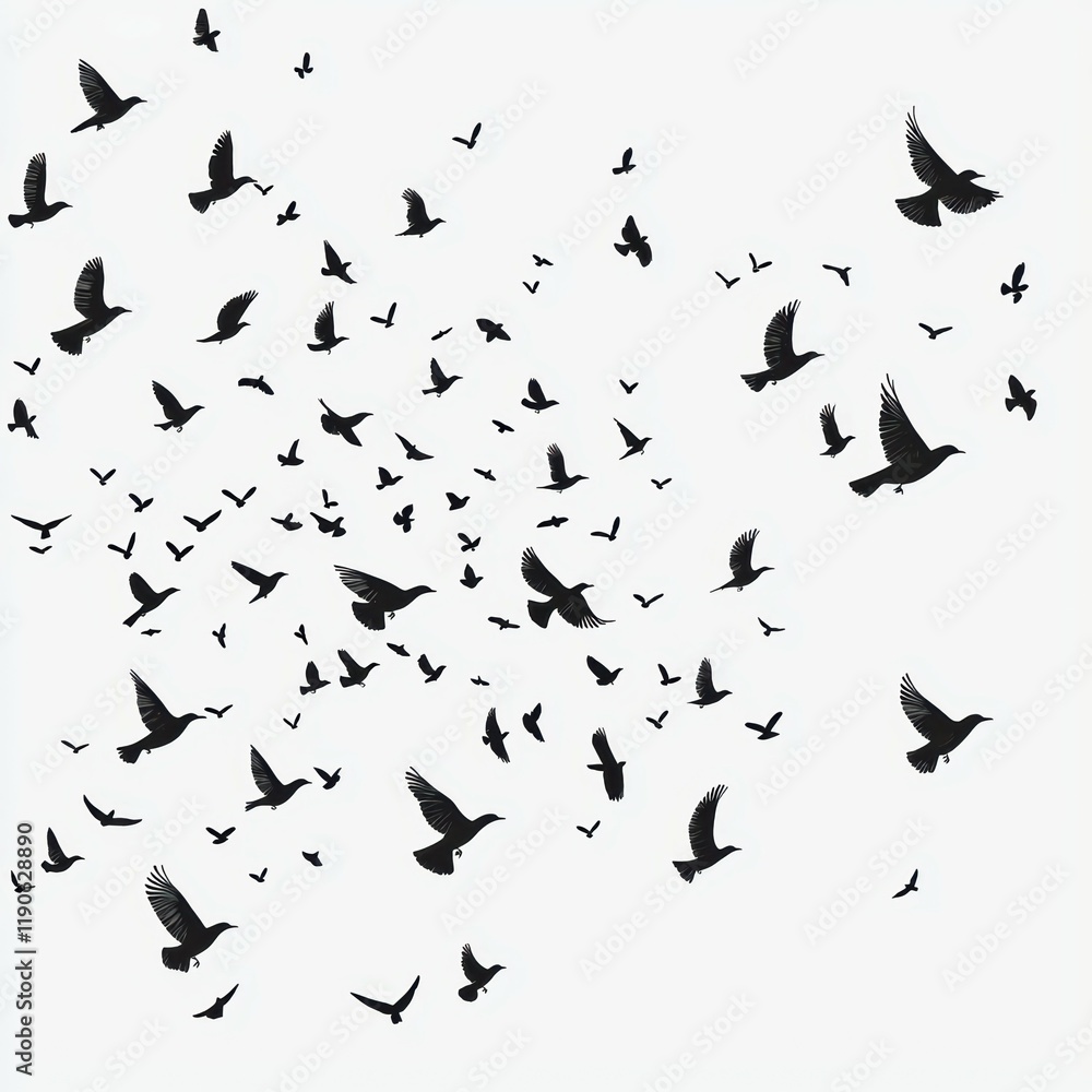 A dynamic flock of black birds silhouetted against a light background. A dynamic flock of black birds silhouetted against a light background.