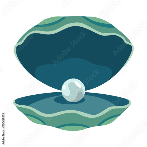 Pearl in seashell. Open seashell scallop and pearl shell icon. Beautiful pearl in clam shell in cartoon flat style. Vector illustration isolated on white background