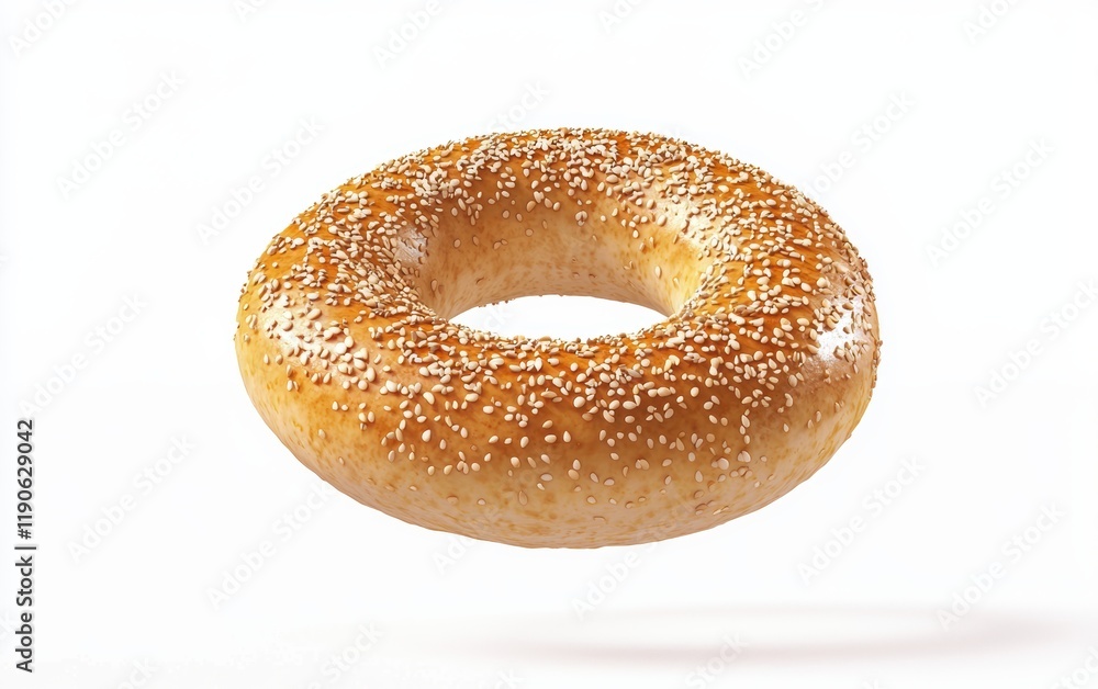 A flying bagel with a golden crust and sesame seeds, hovering perfectly centered on a clean white background A flying bagel with a golden crust and sesame seeds, hovering perfectly centered on a clean white background