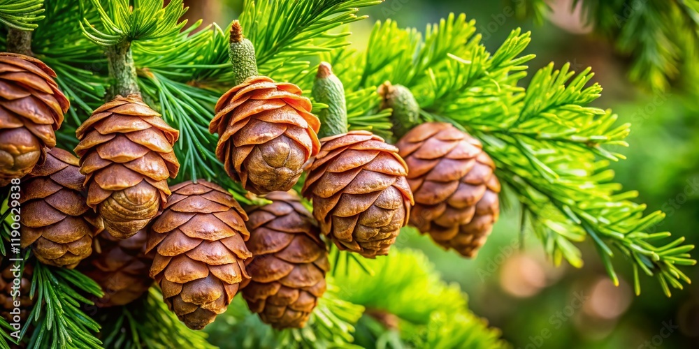 Fototapeta premium Lush Cedar Branch with Cones - Copy Space, Nature Photography