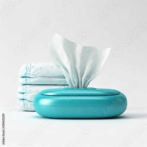 Dipers and baby wipes white background.