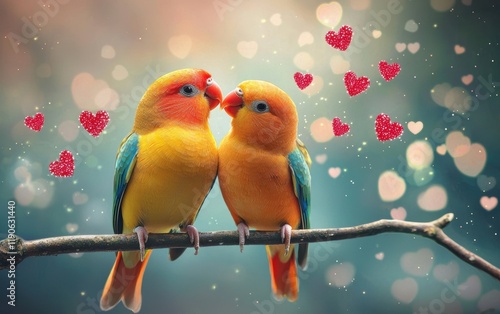 A pair of lovebirds perched on a branch, with tiny hearts floating around them for Saint Valentines Day photo