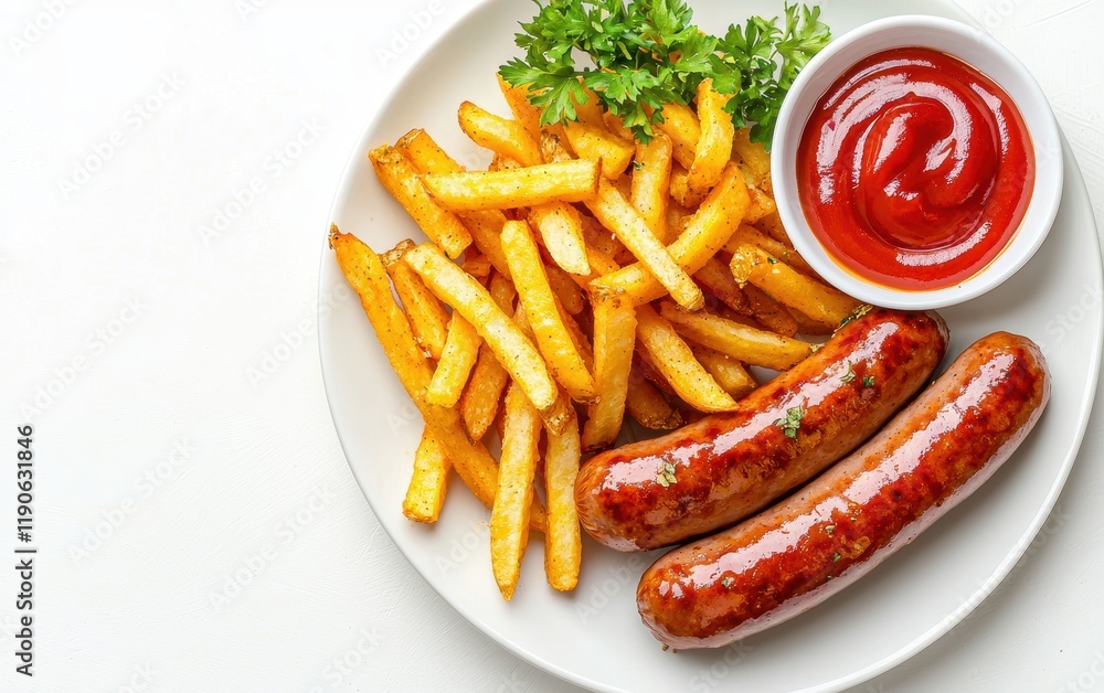 A plate of currywurst with flying fries and curry ketchup on a white background A plate of currywurst with flying fries and curry ketchup on a white background