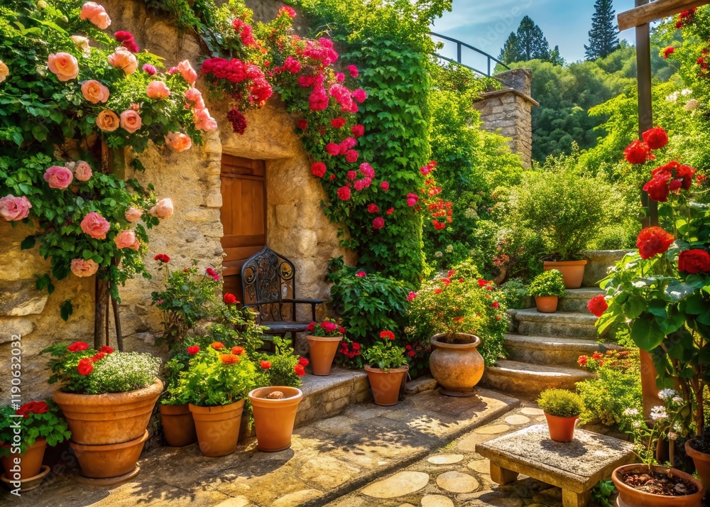 Naklejka premium Lush Italian Garden, Blooming Flowers, Sunlit Patio, Greenery, Outdoor Relaxation