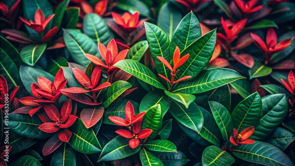 Lush Ixora Coccinea Leaves in Low Light, Close-Up Detail, Vibrant Green Foliage, Tropical Plant Texture Lush Ixora Coccinea Leaves in Low Light, Close-Up Detail, Vibrant Green Foliage, Tropical Plant Texture