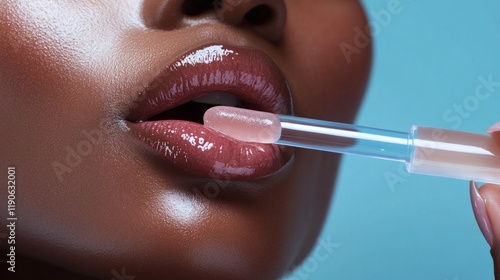 lip balm applicator touching a plumpy transparent glossy serum texture melting on a black woman photo