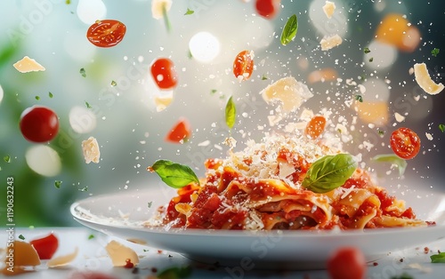 A plate of lasagna with flying Parmesan shavings and tomato sauce droplets on a white canvas