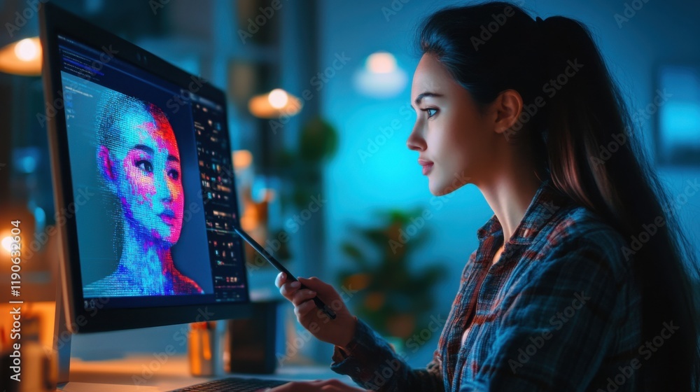 Female Graphic Designer Creating Digital Art with Tablet at Night Female Graphic Designer Creating Digital Art with Tablet at Night
