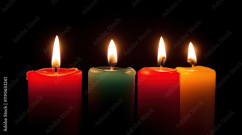 Four lit candles in red, teal, red, and yellow against a black background. Four lit candles in red, teal, red, and yellow against a black background.