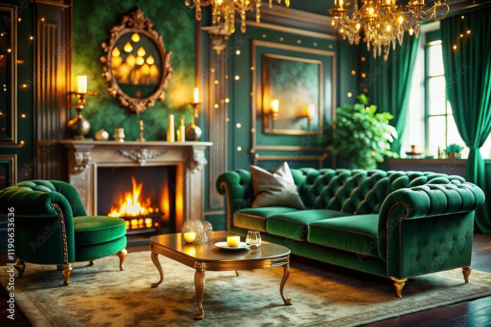 Fototapeta premium Luxurious Emerald Green Living Room with Bokeh Lights - Interior Design Stock Photo