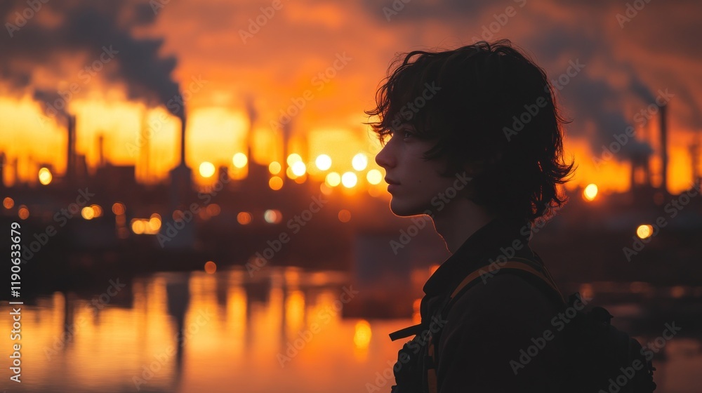 Fototapeta premium Silhouette of person at sunset with industrial background.