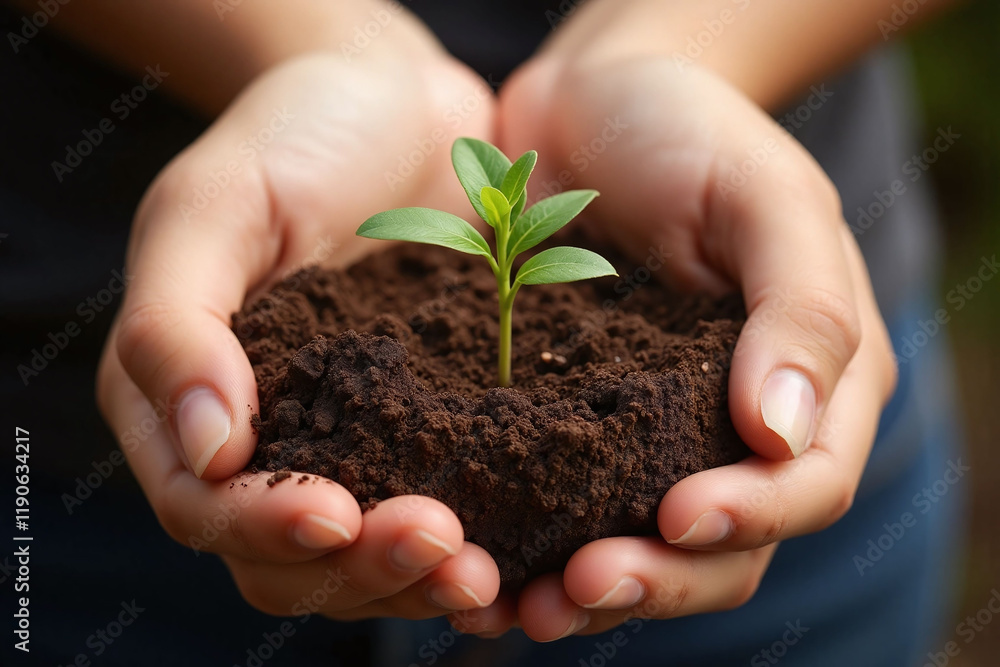 Hands cradle newly planted seedling in cupped palm with soil Hands cradle newly planted seedling in cupped palm with soil