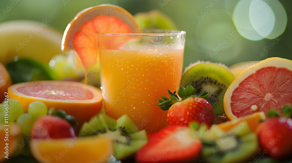 Refreshing Fruit Juice with Fresh Sliced Fruits: Vibrant Healthy Beverage Display Refreshing Fruit Juice with Fresh Sliced Fruits: Vibrant Healthy Beverage Display