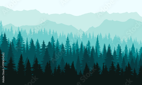 Beautiful background with coniferous forest and mountains. Vector illustration.
