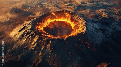  3D topographic map showing a volcano with a deep crater at the summit, surrounded by rugged, rocky terrain and detailed elevation lines highlighting volcanic features. photo