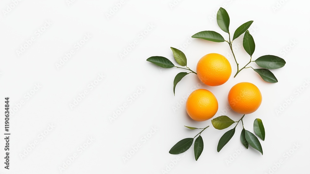 Bright oranges arranged with fresh green leaves on a clean surface for a vibrant display Bright oranges arranged with fresh green leaves on a clean surface for a vibrant display