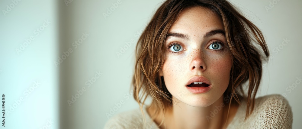 Surprised young woman with freckles and blue eyes, expressing astonishment indoors. Surprised young woman with freckles and blue eyes, expressing astonishment indoors.