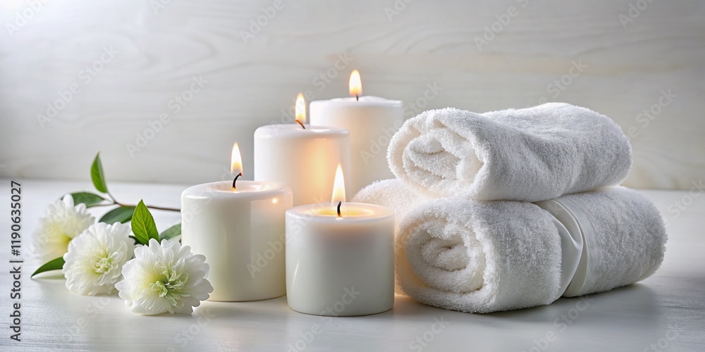 Luxurious Spa Setting: White Candles & Soft Towels on White Background Luxurious Spa Setting: White Candles & Soft Towels on White Background