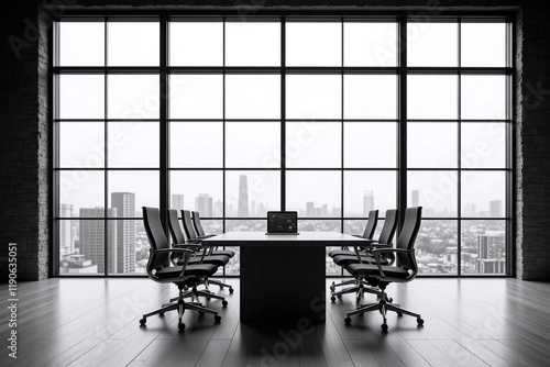 Industrial chic office with large window in black and white