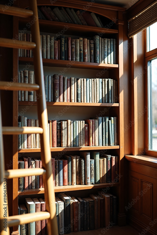 Photograph of a sunlit wooden library with tall bookshelves filled with various books and a wooden ladder. Photograph of a sunlit wooden library with tall bookshelves filled with various books and a wooden ladder.