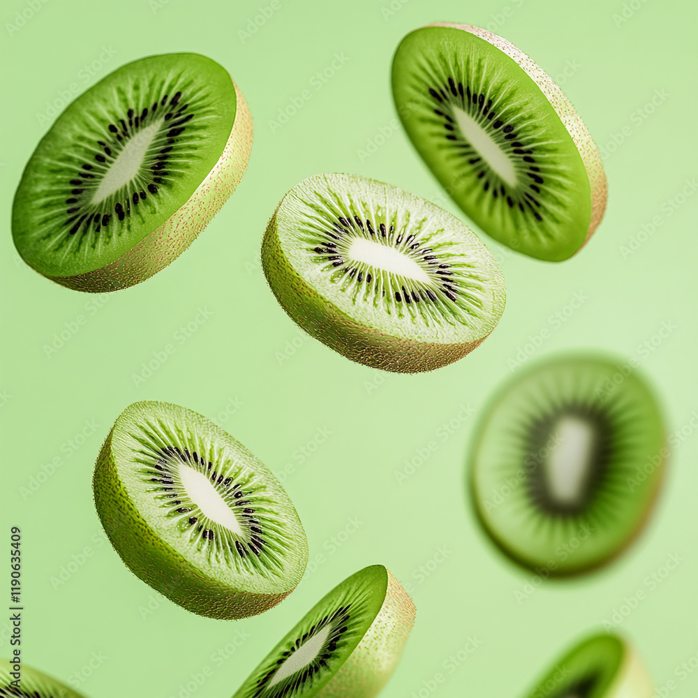 Fototapeta premium Fresh green kiwi slices floating on a vibrant green background