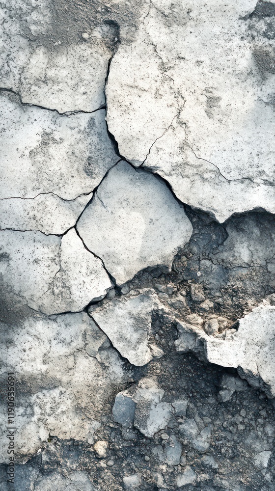 Obraz premium Cracked and weathered concrete texture with detailed surface imperfections and fractured patterns